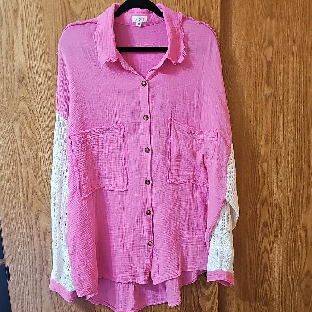 POL Pink Button-Down Shirt with Cream Crochet Sleeves